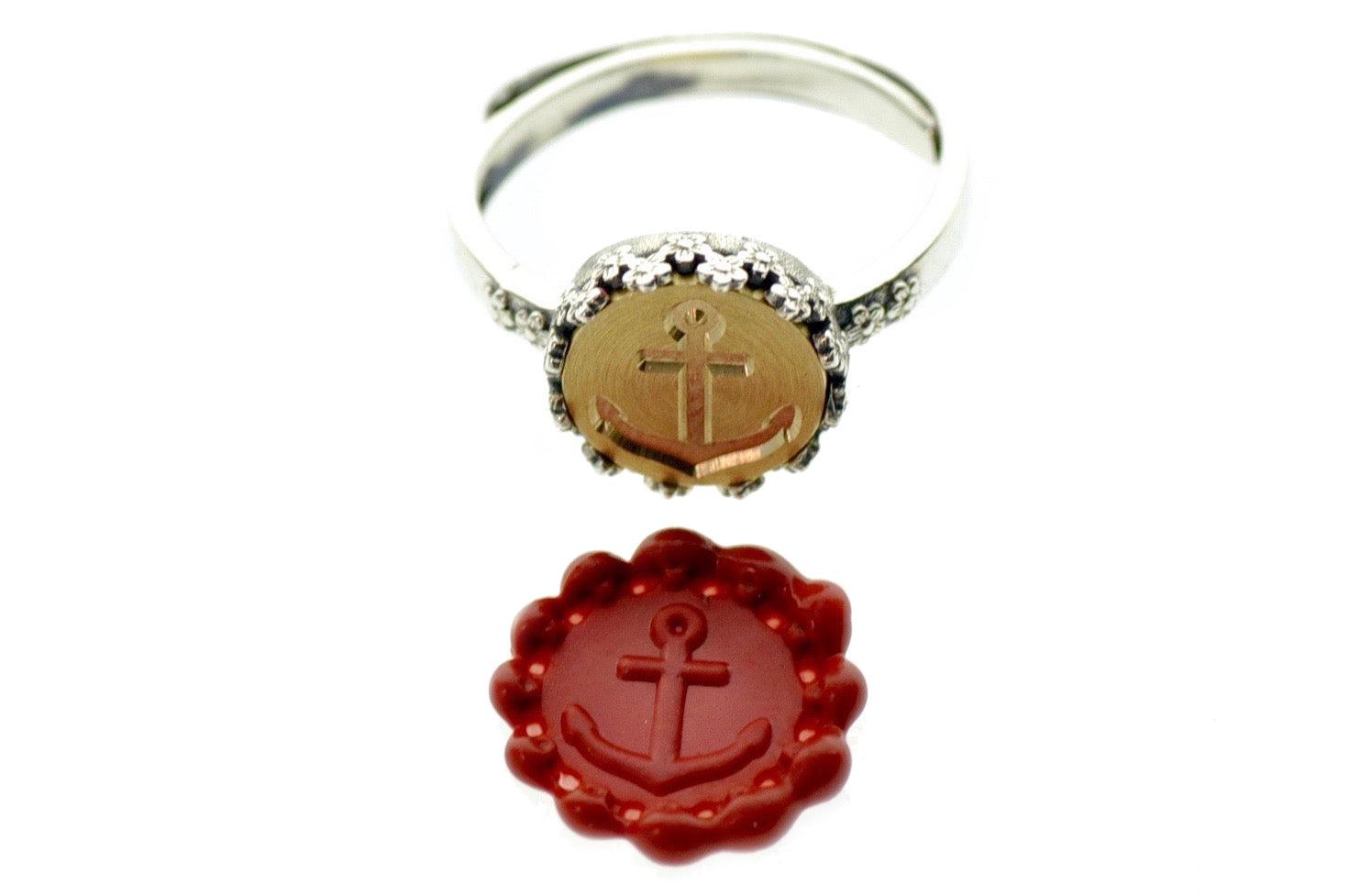 Anchor Signet Ring - Backtozero B20 - 10fc, 10mm, 10mm ring, accessory, Anchor, floral, Flower, her, jewelry, Nautical, Pam red, ring, seal, seal ring, signet ring, size 6, size 7, size 8, wax seal, wax seal ring, wax seal stamp, wreath