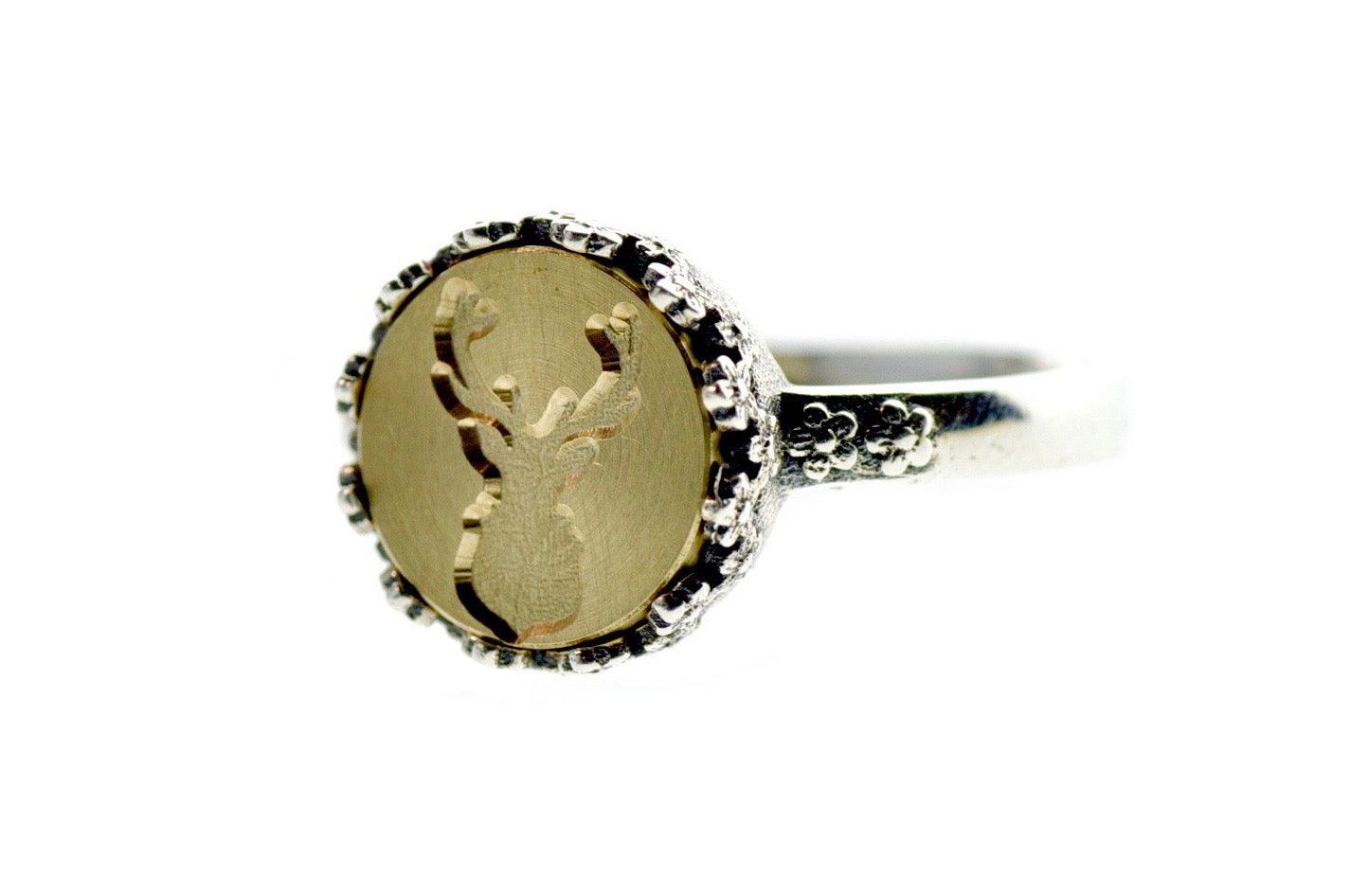 Antler Signet Ring - Backtozero B20 - 10fc, 10mm, 10mm ring, accessory, Antler, Blue, Deer, deer stag, floral, Flower, her, jewelry, ring, seal, seal ring, signet ring, size 6, size 7, size 8, wax seal, wax seal ring, wax seal stamp, wreath