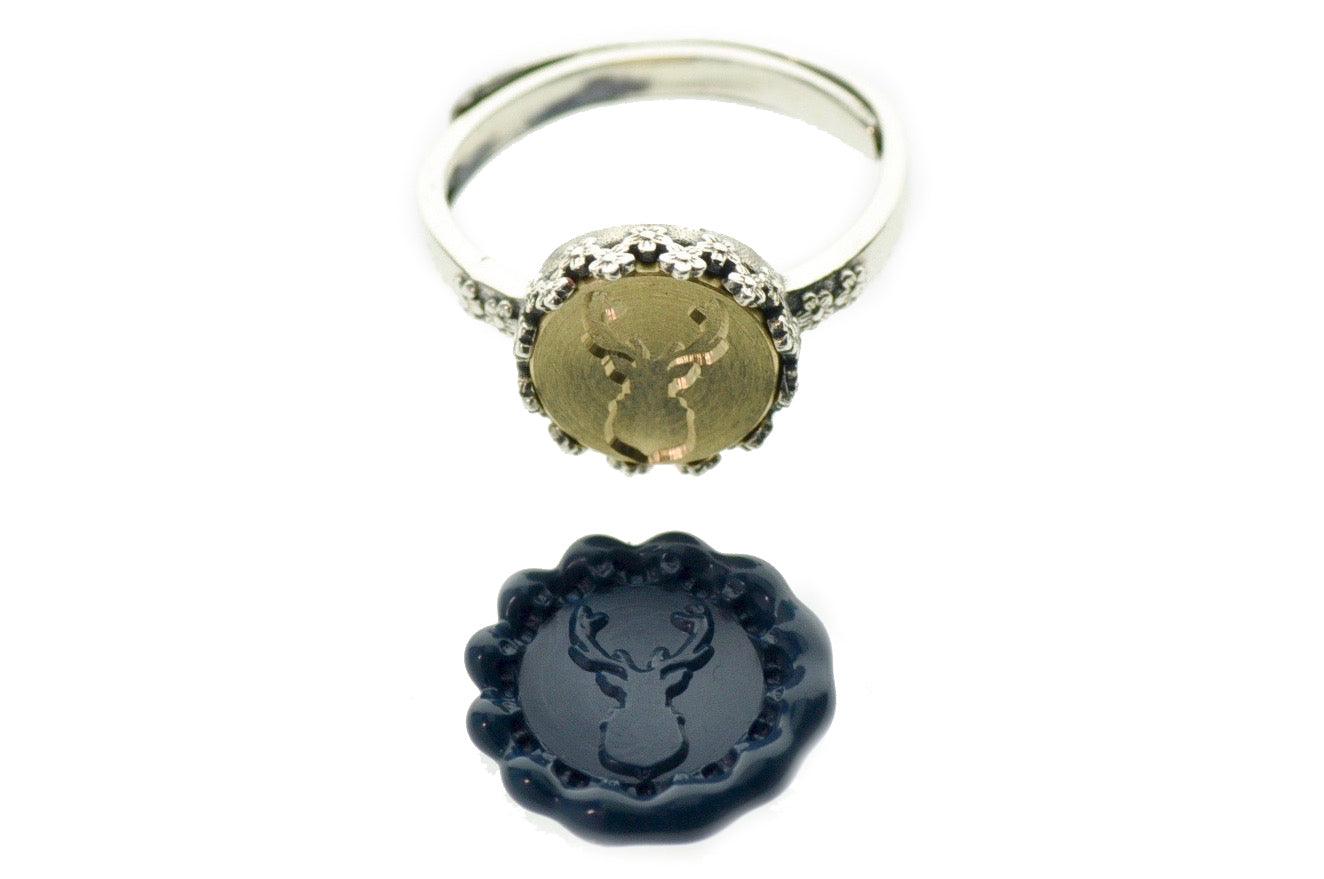 Antler Signet Ring - Backtozero B20 - 10fc, 10mm, 10mm ring, accessory, Antler, Blue, Deer, deer stag, floral, Flower, her, jewelry, ring, seal, seal ring, signet ring, size 6, size 7, size 8, wax seal, wax seal ring, wax seal stamp, wreath