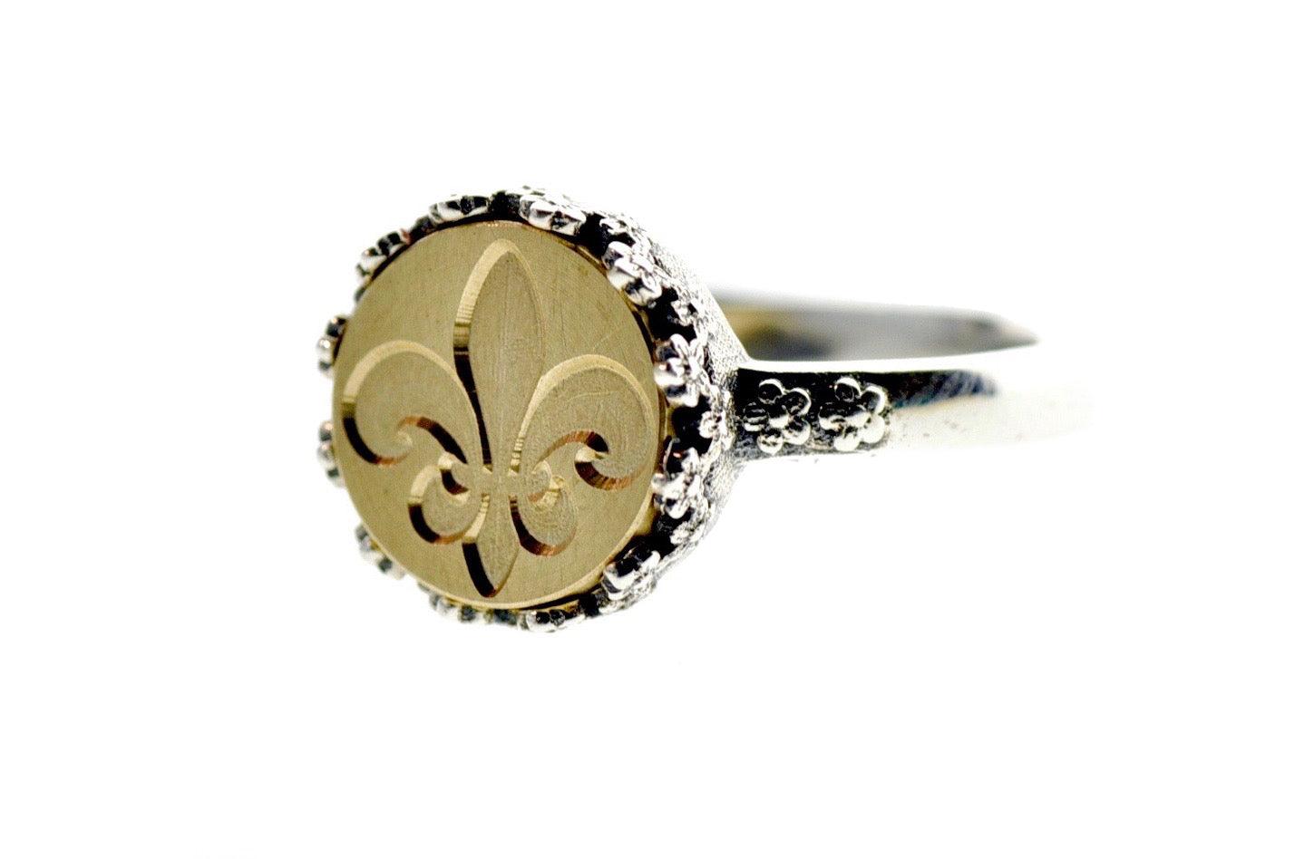 Fleur de Lis Signet Ring - Backtozero B20 - 10fc, 10mm, 10mm ring, accessory, Copper Gold, fleur, Fleur de Lis, floral, Flower, her, jewelry, ring, seal, seal ring, signet ring, size 6, size 7, size 8, wax seal, wax seal ring, wax seal stamp, wreath