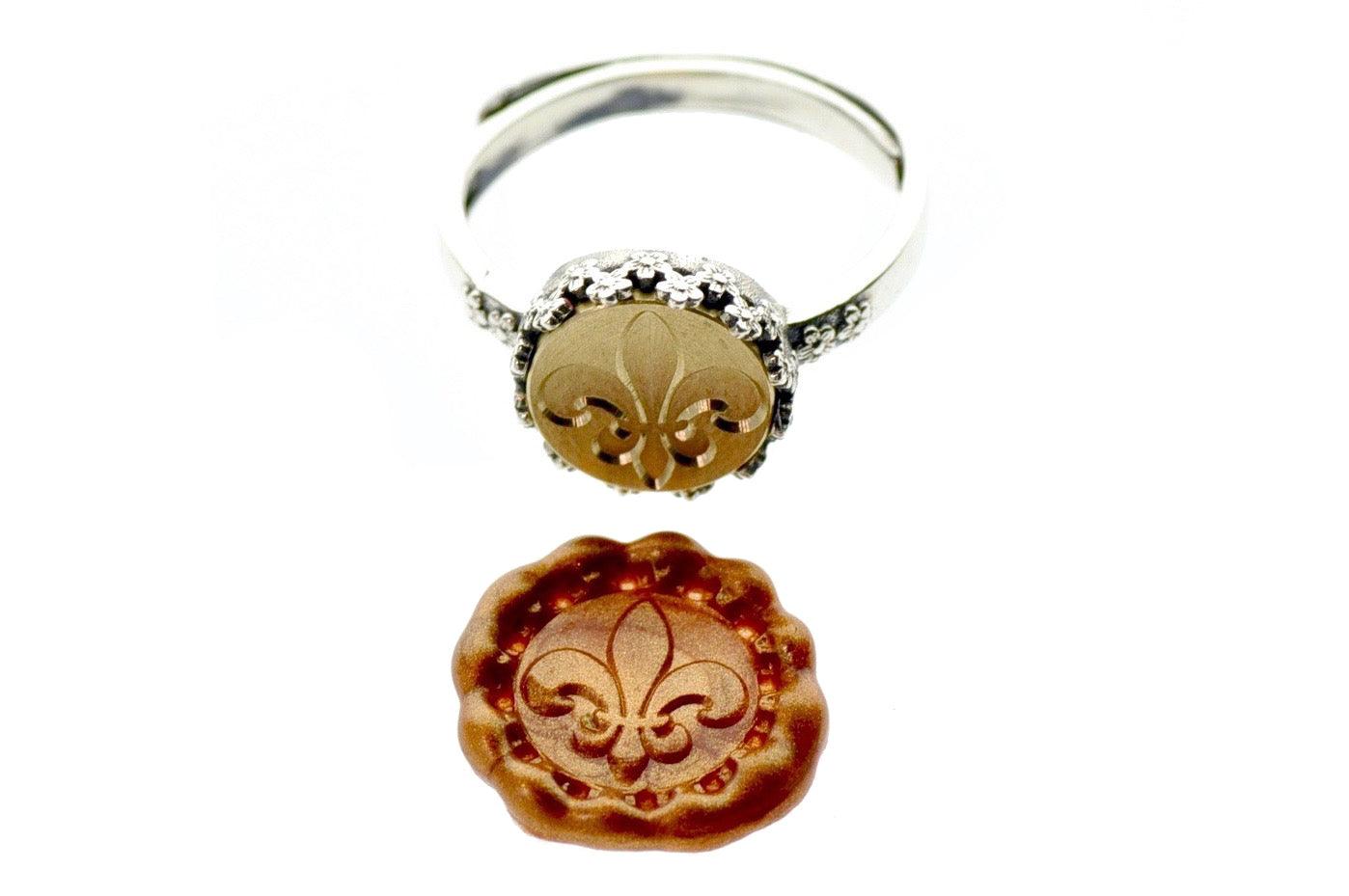 Fleur de Lis Signet Ring - Backtozero B20 - 10fc, 10mm, 10mm ring, accessory, Copper Gold, fleur, Fleur de Lis, floral, Flower, her, jewelry, ring, seal, seal ring, signet ring, size 6, size 7, size 8, wax seal, wax seal ring, wax seal stamp, wreath