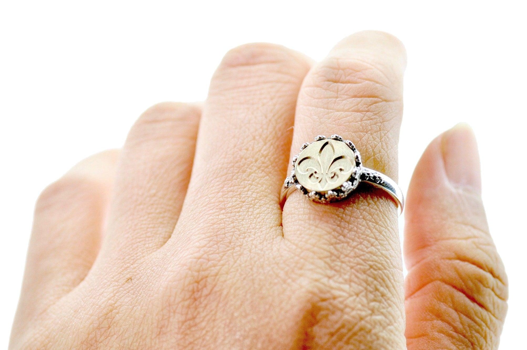 Fleur de Lis Signet Ring - Backtozero B20 - 10fc, 10mm, 10mm ring, accessory, Copper Gold, fleur, Fleur de Lis, floral, Flower, her, jewelry, ring, seal, seal ring, signet ring, size 6, size 7, size 8, wax seal, wax seal ring, wax seal stamp, wreath