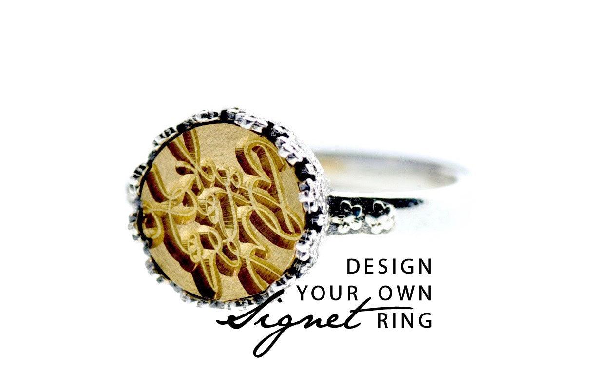 Design your own 10mm Flower Crown Signet Ring - Backtozero B20 - 10fc, 10mm, 10mm ring, accessory, bespoke, Crown, Custom, custom ring, customsignet, Design Your Own, floral, Flower, jewelry, ring, seal, seal ring, signet ring, size 6, size 7, size 8, wax seal, wax seal stamp, wreath
