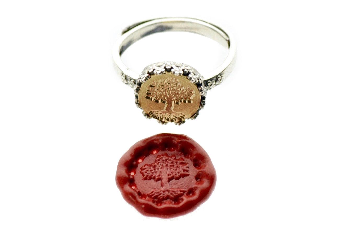 Tree of Life Signet Ring - Backtozero B20 - 10fc, 10mm, 10mm ring, accessory, floral, Flower, her, jewelry, Nature, Palm Red, ring, seal, seal ring, signet ring, size 6, size 7, size 8, Tree, wax seal, wax seal ring, wax seal stamp, wreath