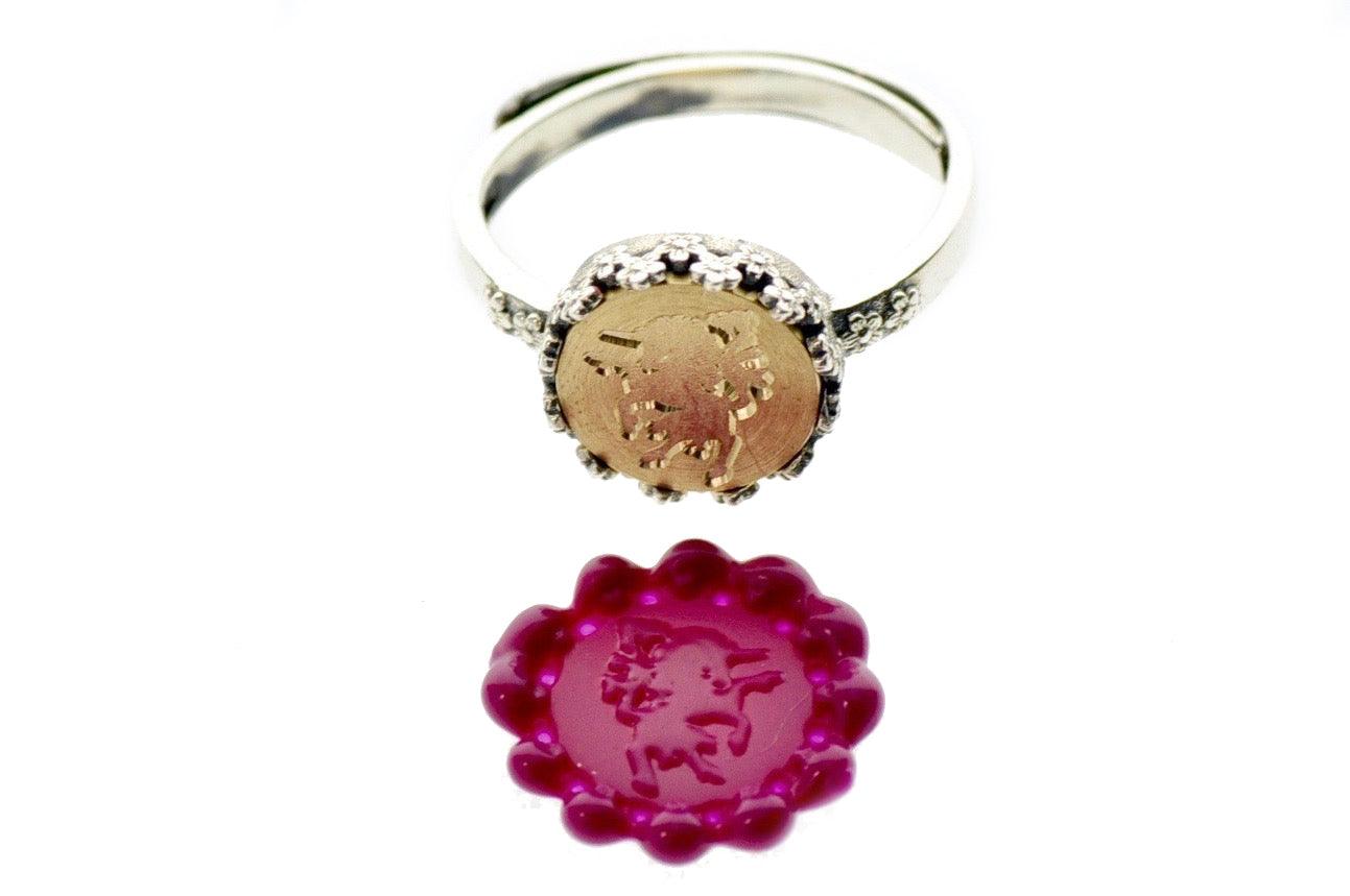 Unicorn Signet Ring - Backtozero B20 - 10fc, 10mm, 10mm ring, accessory, Burgundy, floral, Flower, her, jewelry, ring, seal, seal ring, signet ring, size 6, size 7, size 8, unicorn, wax seal, wax seal ring, wax seal stamp, wreath