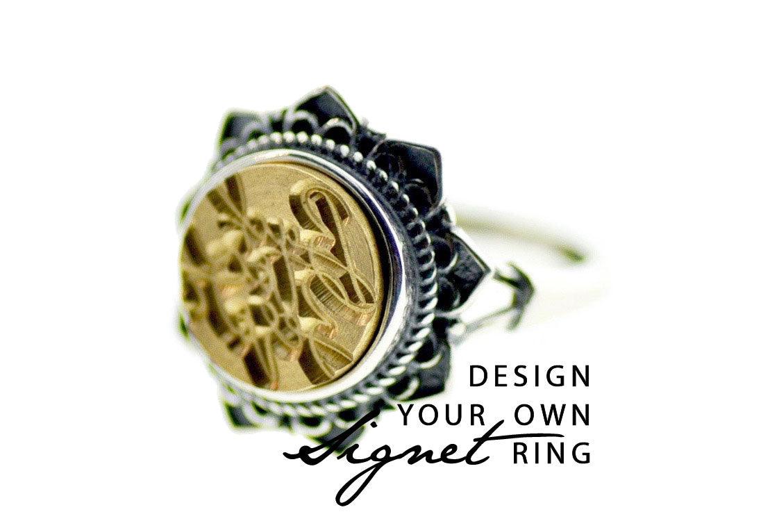 Design your own 10mm Floral Signet Ring - Backtozero B20 - 10fl, 10mm, 10mm ring, accessory, bespoke, Custom, custom ring, customsignet, Design Your Own, floral, Flower, her, jewelry, ring, seal, seal ring, signet ring, size 5, size 6, size 7, size 8, wax seal, wax seal stamp, wreath