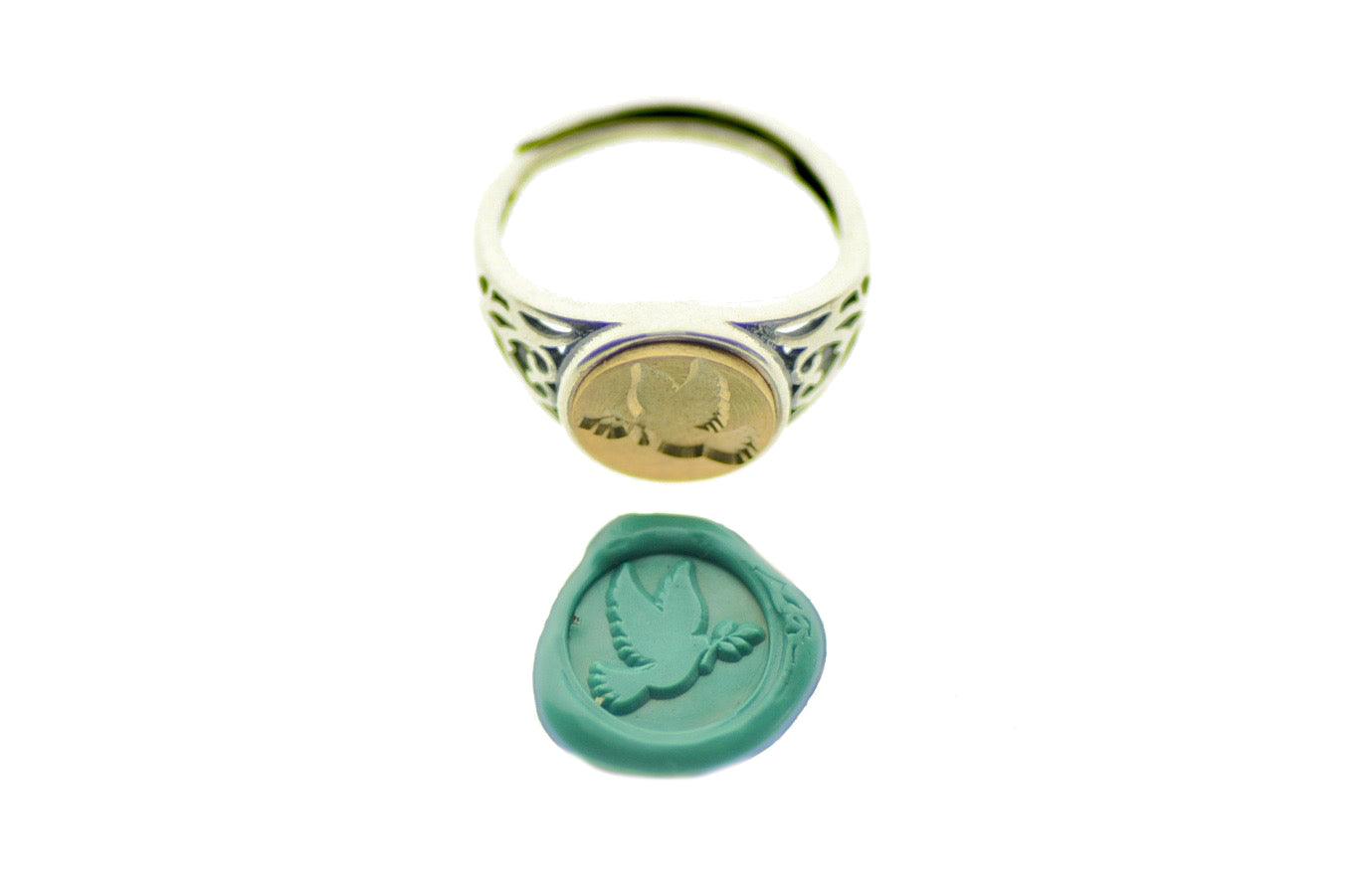 Dove Signet Ring - Backtozero B20 - 10f, 10mm, 10mm ring, accessory, Bird, dove, Filigree, her, jewelry, peace, ring, seal, seal ring, signet ring, size 5, size 6, size 7, size 8, Turquoise, wax seal, wax seal ring, wax seal stamp