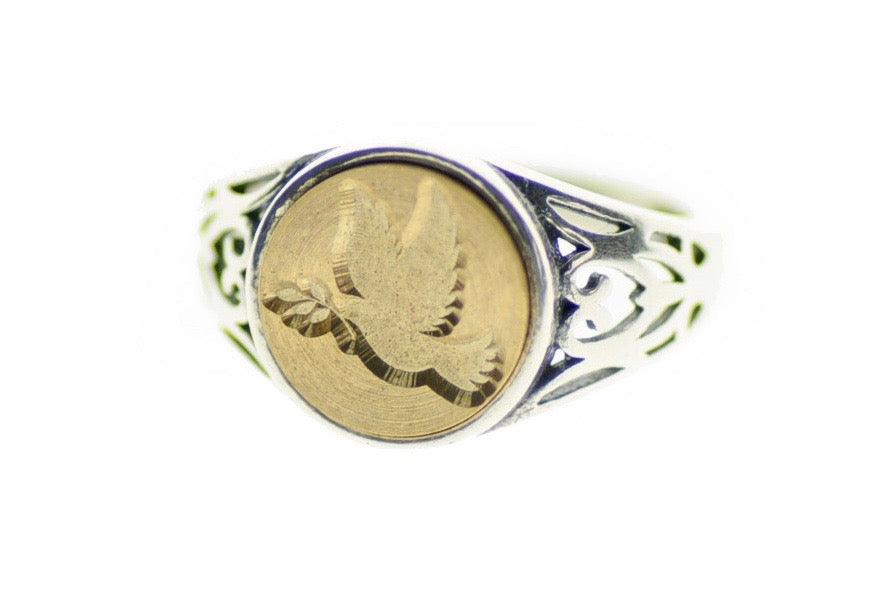 Dove Signet Ring - Backtozero B20 - 10f, 10mm, 10mm ring, accessory, Bird, dove, Filigree, her, jewelry, peace, ring, seal, seal ring, signet ring, size 5, size 6, size 7, size 8, Turquoise, wax seal, wax seal ring, wax seal stamp