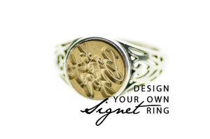 Design your Own 10mm Filigree Signet Ring - Backtozero B20 - 10f, 10mm, 10mm ring, accessory, bespoke, Custom, custom ring, customsignet, Design Your Own, Filigree, her, jewelry, ring, seal, seal ring, signet ring, size 5, size 6, size 7, size 8, wax seal, wax seal ring, wax seal stamp