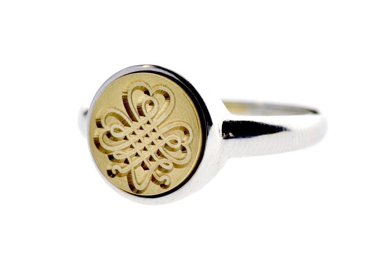 Shamrock Signet Ring - Backtozero B20 - 10m, 10mm, 10mm ring, accessory, Blue, Clover, her, jewelry, Lucky, minimal, ring, seal, seal ring, signet ring, simple, size 10, size 6, size 7, size 8, size 9, wax seal, wax seal ring, wax seal stamp