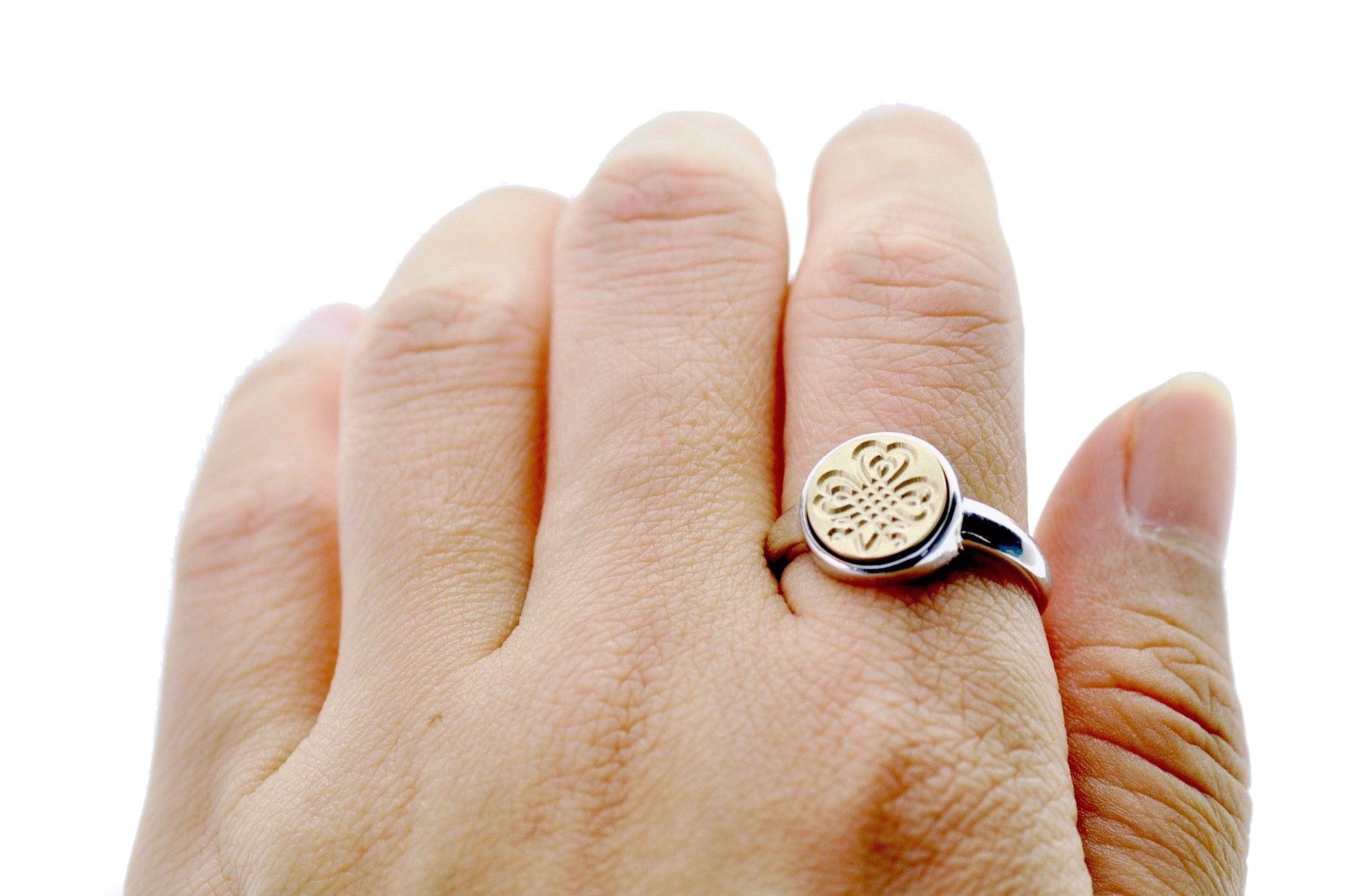 Shamrock Signet Ring - Backtozero B20 - 10m, 10mm, 10mm ring, accessory, Blue, Clover, her, jewelry, Lucky, minimal, ring, seal, seal ring, signet ring, simple, size 10, size 6, size 7, size 8, size 9, wax seal, wax seal ring, wax seal stamp