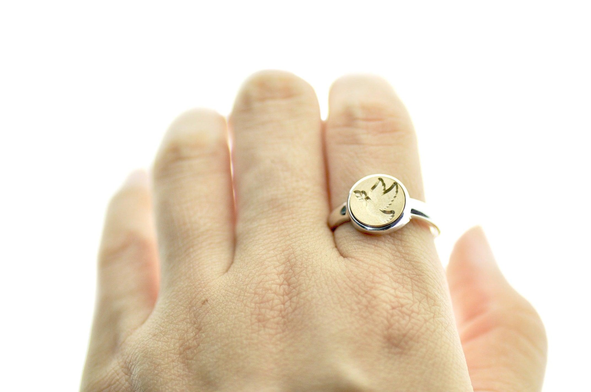 Dove Signet Ring - Backtozero B20 - 10m, 10mm, 10mm ring, 10mn, accessory, Bird, dove, her, jewelry, minimal, peace, Pink, ring, seal, seal ring, signet ring, simple, size 10, size 6, size 7, size 8, size 9, wax seal, wax seal ring, wax seal stamp