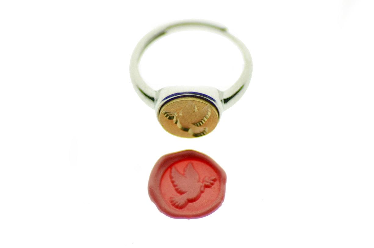 Dove Signet Ring - Backtozero B20 - 10m, 10mm, 10mm ring, 10mn, accessory, Bird, dove, her, jewelry, minimal, peace, Pink, ring, seal, seal ring, signet ring, simple, size 10, size 6, size 7, size 8, size 9, wax seal, wax seal ring, wax seal stamp