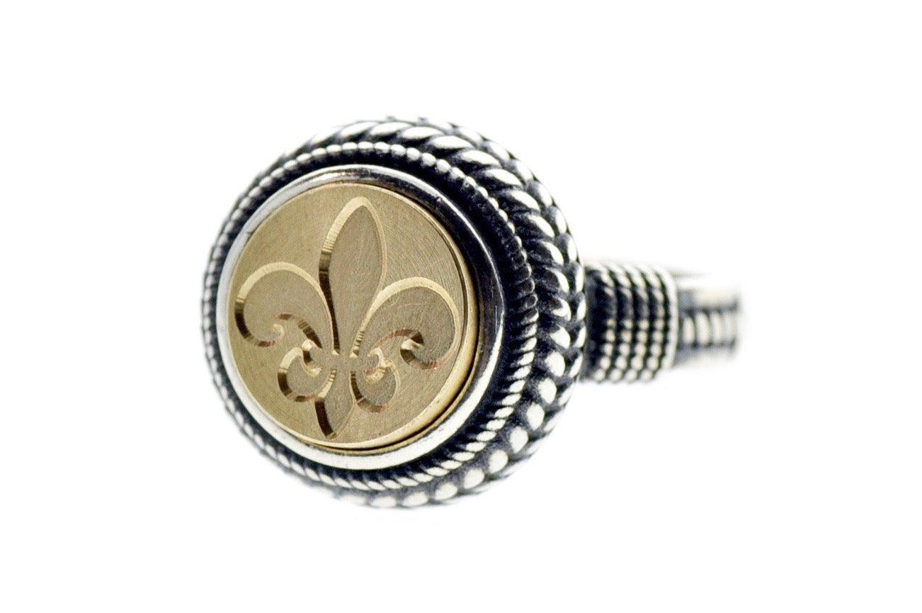 Fleur de Lis Signet Ring - Backtozero B20 - 10mm, 10mm ring, 10w, accessory, fleur, Fleur de Lis, her, jewelry, Laurel Wreath, ring, seal, seal ring, signet ring, size 6, size 7, size 8, Turquoise, wax seal, wax seal ring, wax seal stamp, wreath