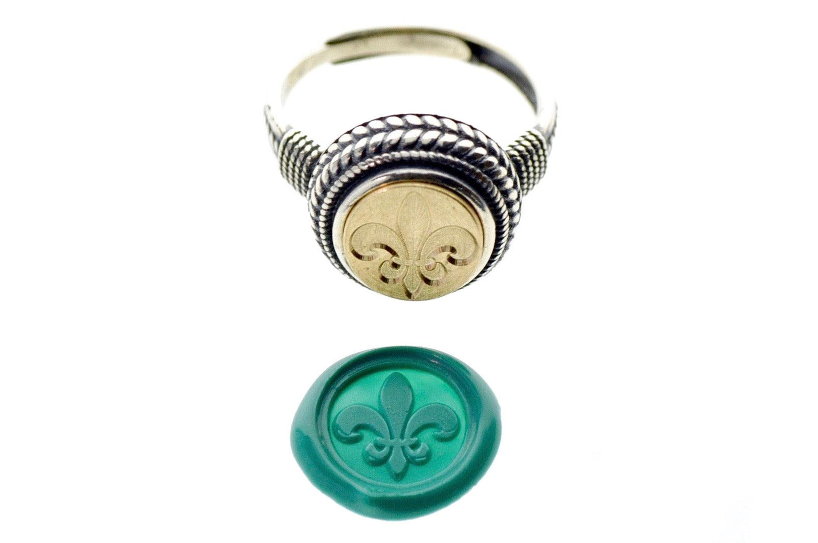 Fleur de Lis Signet Ring - Backtozero B20 - 10mm, 10mm ring, 10w, accessory, fleur, Fleur de Lis, her, jewelry, Laurel Wreath, ring, seal, seal ring, signet ring, size 6, size 7, size 8, Turquoise, wax seal, wax seal ring, wax seal stamp, wreath