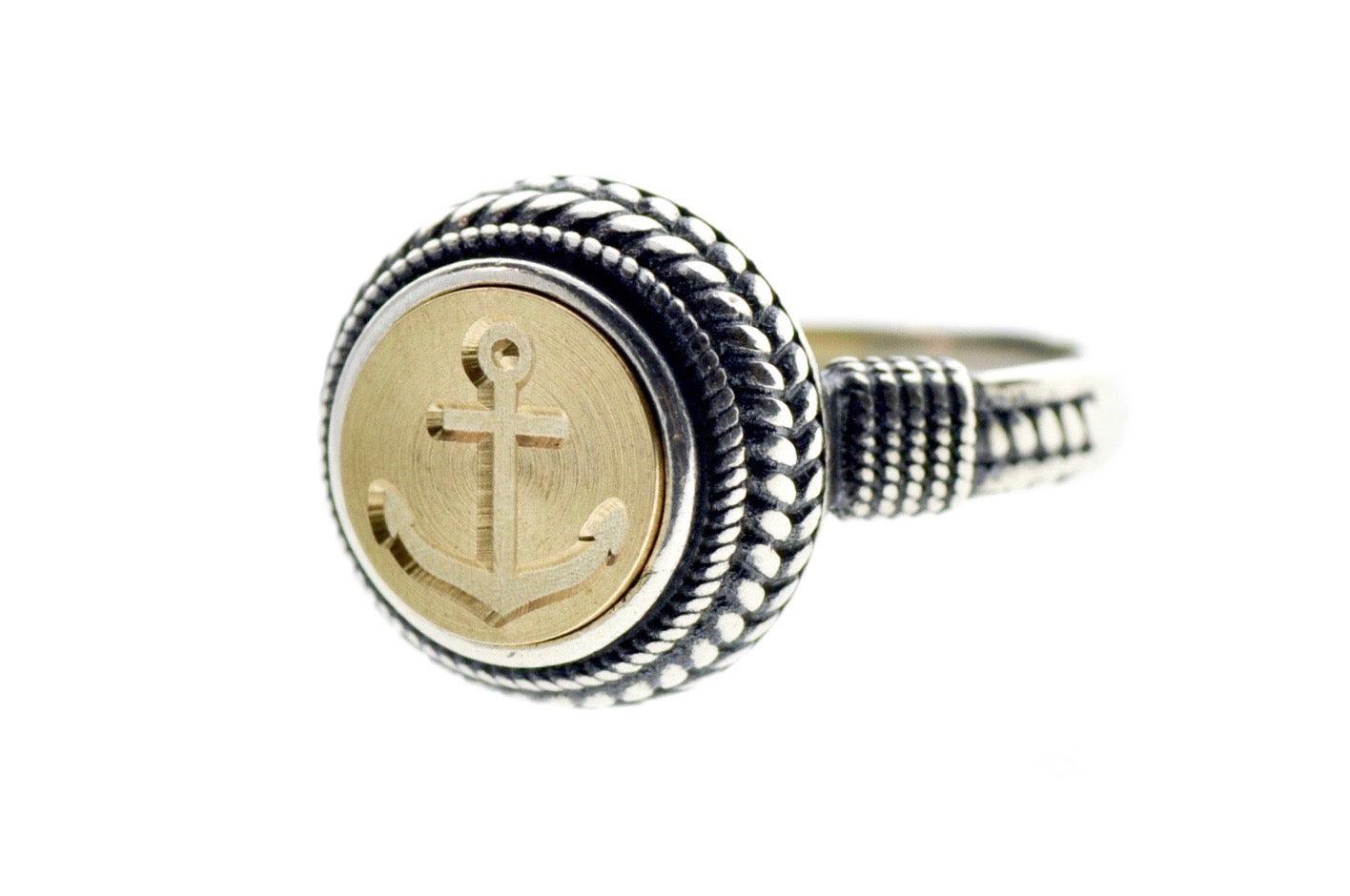 Anchor Wreath Signet Ring - Backtozero B20 - 10mm, 10mm ring, 10w, accessory, Anchor, her, jewelry, Laurel Wreath, Light Blue, Nautical, ring, seal, seal ring, signet ring, size 6, size 7, size 8, wax seal, wax seal ring, wax seal stamp, wreath