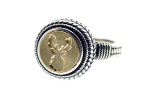 Antler Signet Ring - Backtozero B20 - 10mm, 10mm ring, 10w, accessory, Antler, Copper Gold, Deer, deer stag, her, jewelry, Laurel Wreath, ring, seal, seal ring, signet ring, size 6, size 7, size 8, wax seal, wax seal ring, wax seal stamp, wreath