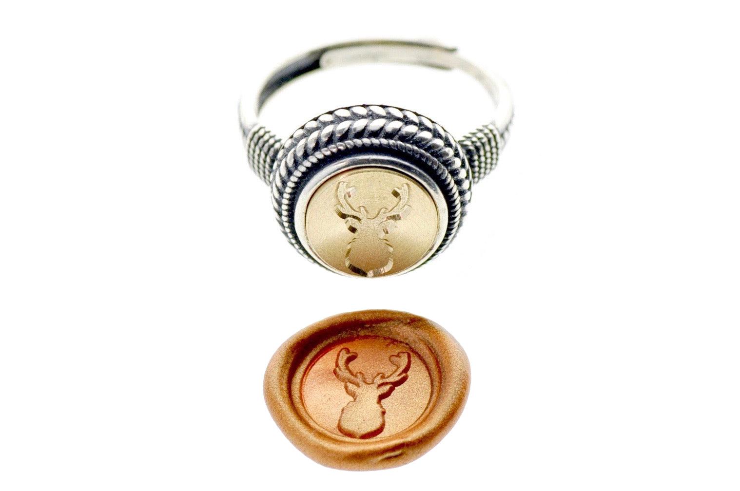 Antler Signet Ring - Backtozero B20 - 10mm, 10mm ring, 10w, accessory, Antler, Copper Gold, Deer, deer stag, her, jewelry, Laurel Wreath, ring, seal, seal ring, signet ring, size 6, size 7, size 8, wax seal, wax seal ring, wax seal stamp, wreath