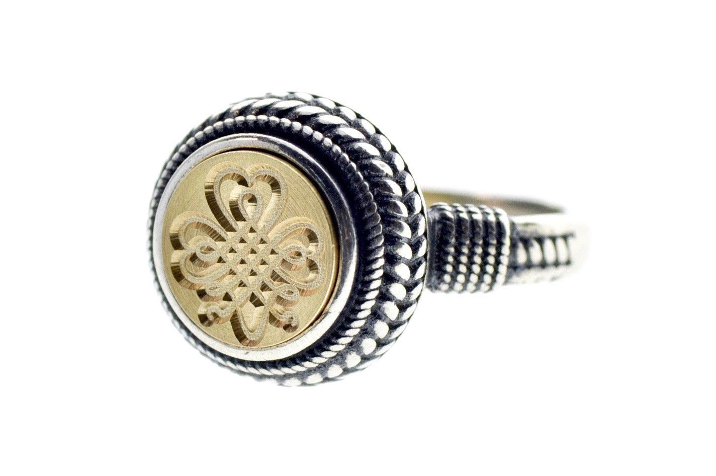 Shamrock Signet Ring - Backtozero B20 - 10mm, 10mm ring, 10w, accessory, Clover, her, jewelry, Laurel Wreath, luck, Lucky, ring, seal, seal ring, signet ring, size 6, size 7, size 8, Turquoise, wax seal, wax seal ring, wax seal stamp, wreath