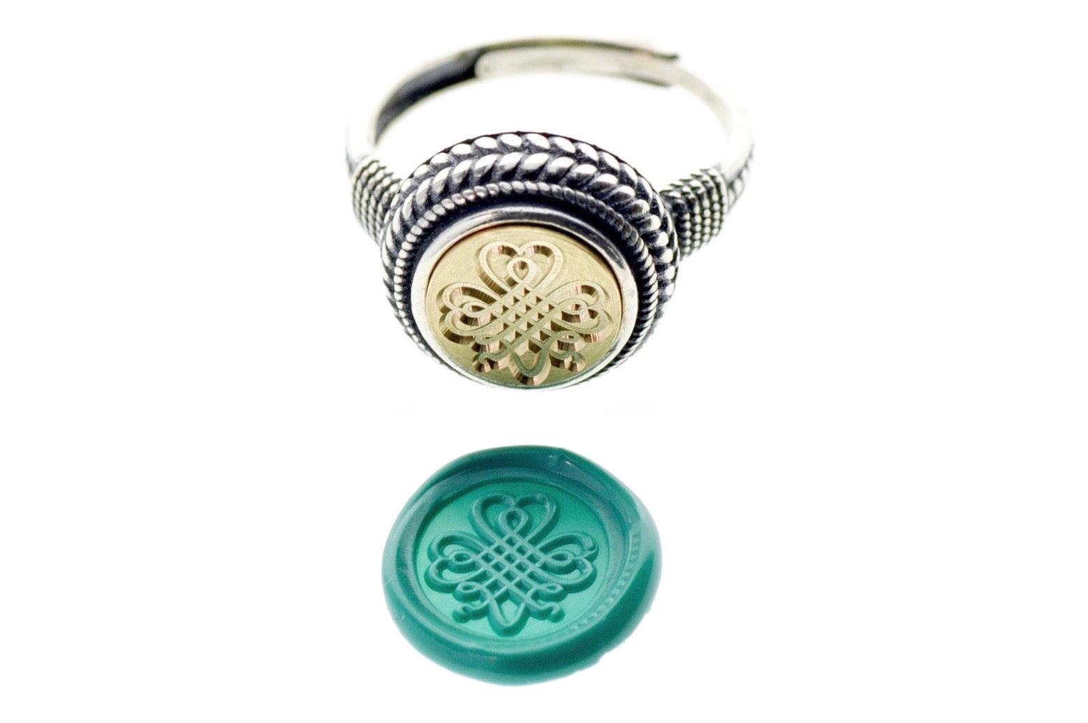 Shamrock Signet Ring - Backtozero B20 - 10mm, 10mm ring, 10w, accessory, Clover, her, jewelry, Laurel Wreath, luck, Lucky, ring, seal, seal ring, signet ring, size 6, size 7, size 8, Turquoise, wax seal, wax seal ring, wax seal stamp, wreath