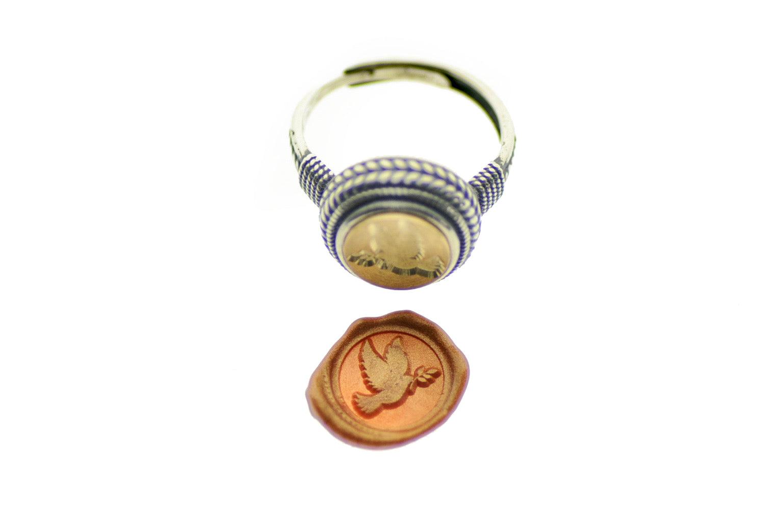 Dove Signet Ring - Backtozero B20 - 10mm, 10mm ring, 10w, accessory, Bird, Copper Gold, dove, her, jewelry, Laurel Wreath, peace, ring, seal, seal ring, signet ring, size 6, size 7, size 8, wax seal, wax seal ring, wax seal stamp, wreath