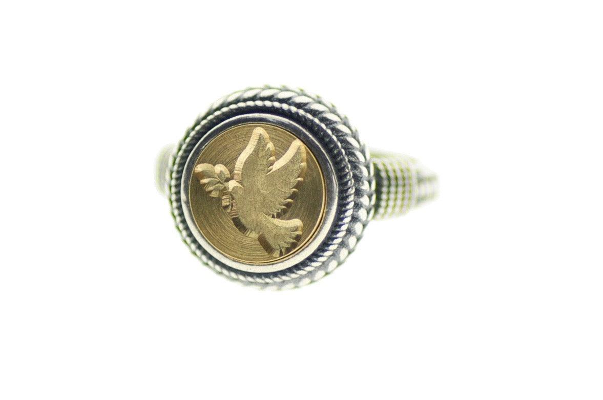 Dove Signet Ring - Backtozero B20 - 10mm, 10mm ring, 10w, accessory, Bird, Copper Gold, dove, her, jewelry, Laurel Wreath, peace, ring, seal, seal ring, signet ring, size 6, size 7, size 8, wax seal, wax seal ring, wax seal stamp, wreath