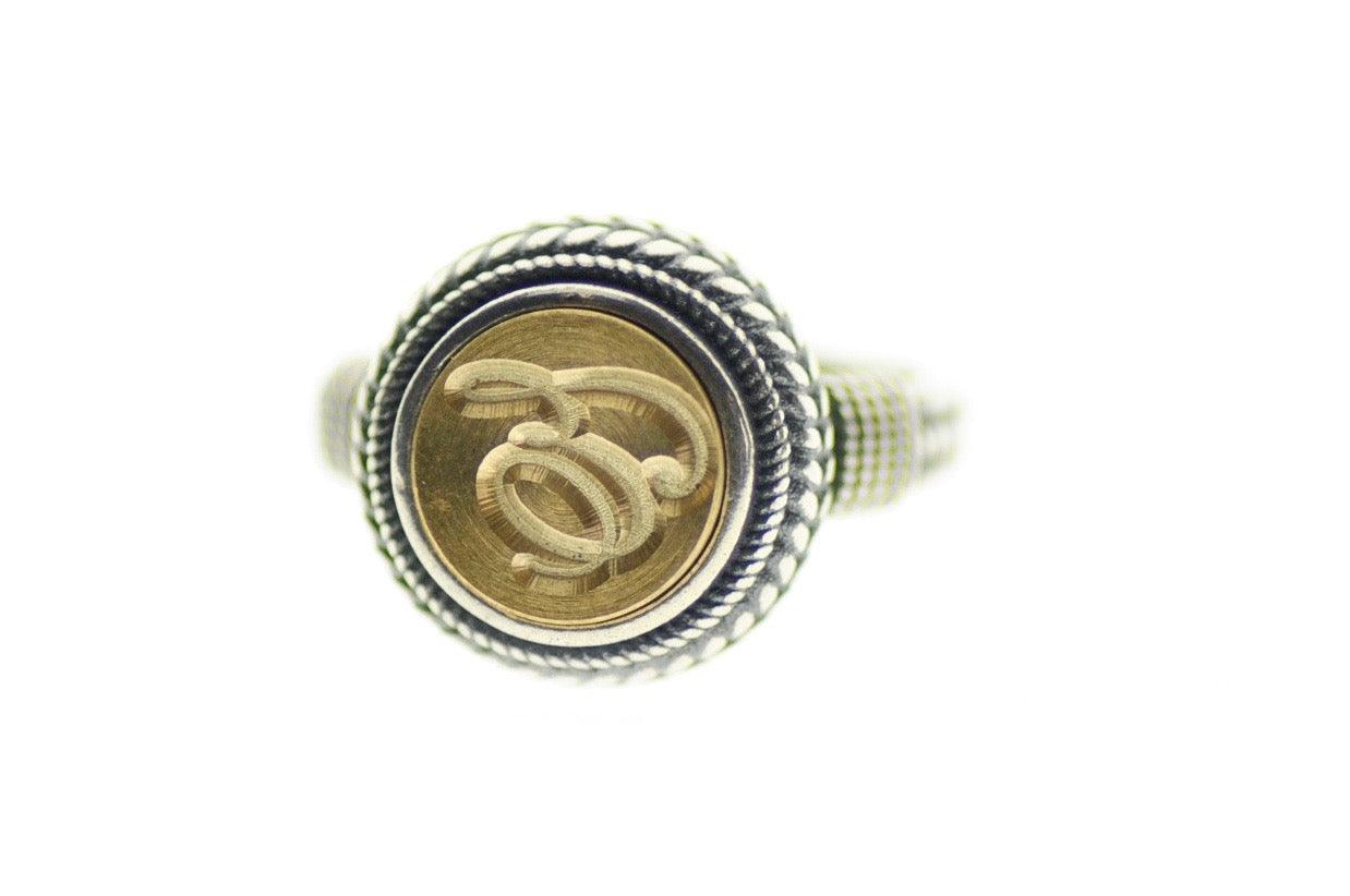 Script Initial Signet Ring - Backtozero B20 - 1 initial, 10mm, 10mm ring, 10w, 1initial, accessory, Copper Gold, Custom, custom ring, her, Initial, initial ring, jewelry, Laurel Wreath, Personalized, ring, seal, seal ring, signet ring, size 6, size 7, size 8, wax seal, wax seal ring, wax seal stamp, wreath