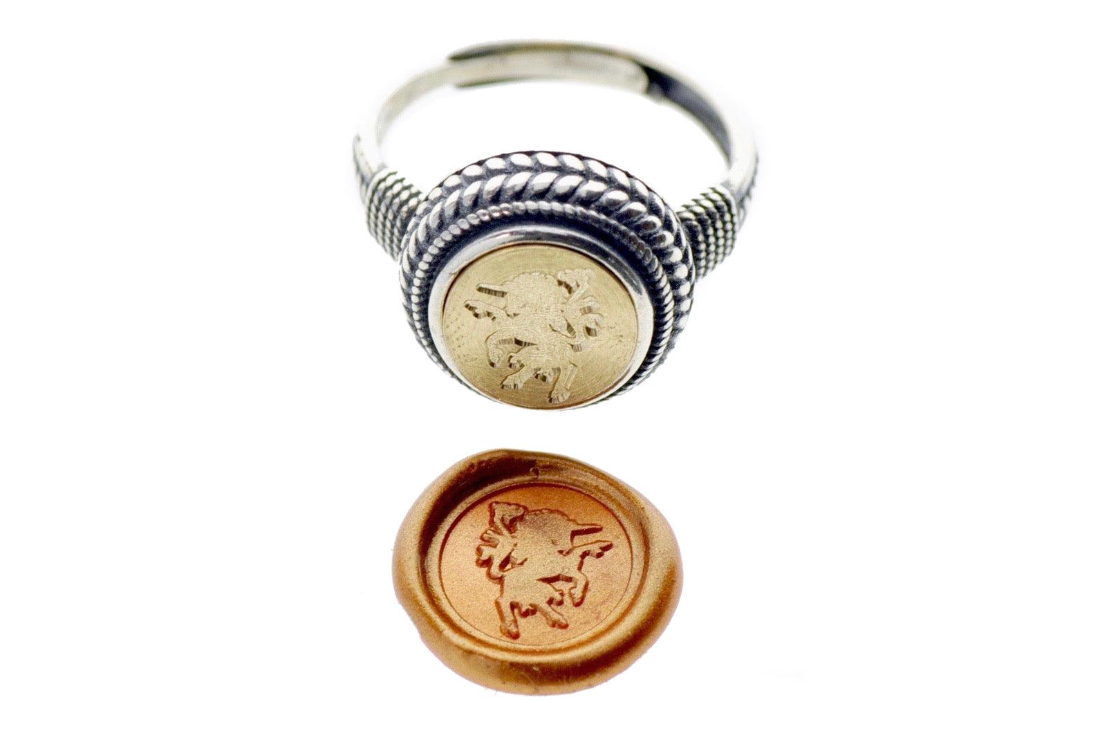 Unicorn Signet Ring - Backtozero B20 - 10mm, 10mm ring, 10w, accessory, Copper Gold, her, jewelry, Laurel Wreath, ring, seal, seal ring, signet ring, size 6, size 7, size 8, unicorn, wax seal, wax seal ring, wax seal stamp, wreath