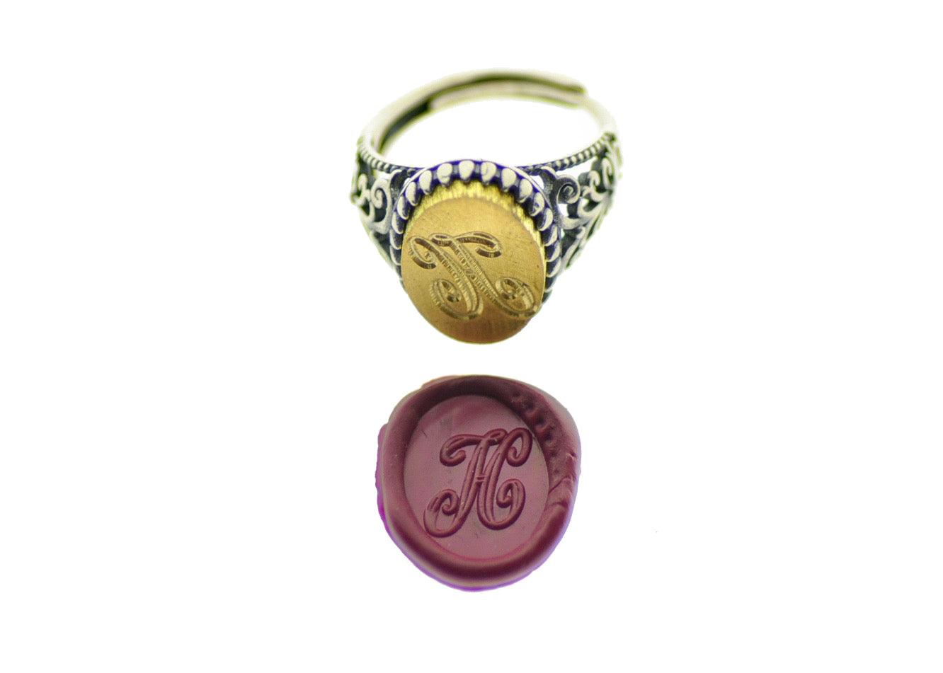 Calligraphy Initial Signet Ring - Backtozero B20 - 1 initial, 1115f, 11x15mm, 11x15mm ring, 1initial, accessory, Calligraphy, Custom, jewelry, Letter, new york, One Initial, oval, oval ring, Personalized, ring, signet ring, size 10, size 6, size 7, size 8, size 9, wax seal, wax seal stamp