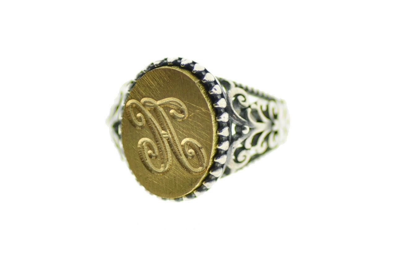 Calligraphy Initial Signet Ring - Backtozero B20 - 1 initial, 1115f, 11x15mm, 11x15mm ring, 1initial, accessory, Calligraphy, Custom, jewelry, Letter, new york, One Initial, oval, oval ring, Personalized, ring, signet ring, size 10, size 6, size 7, size 8, size 9, wax seal, wax seal stamp