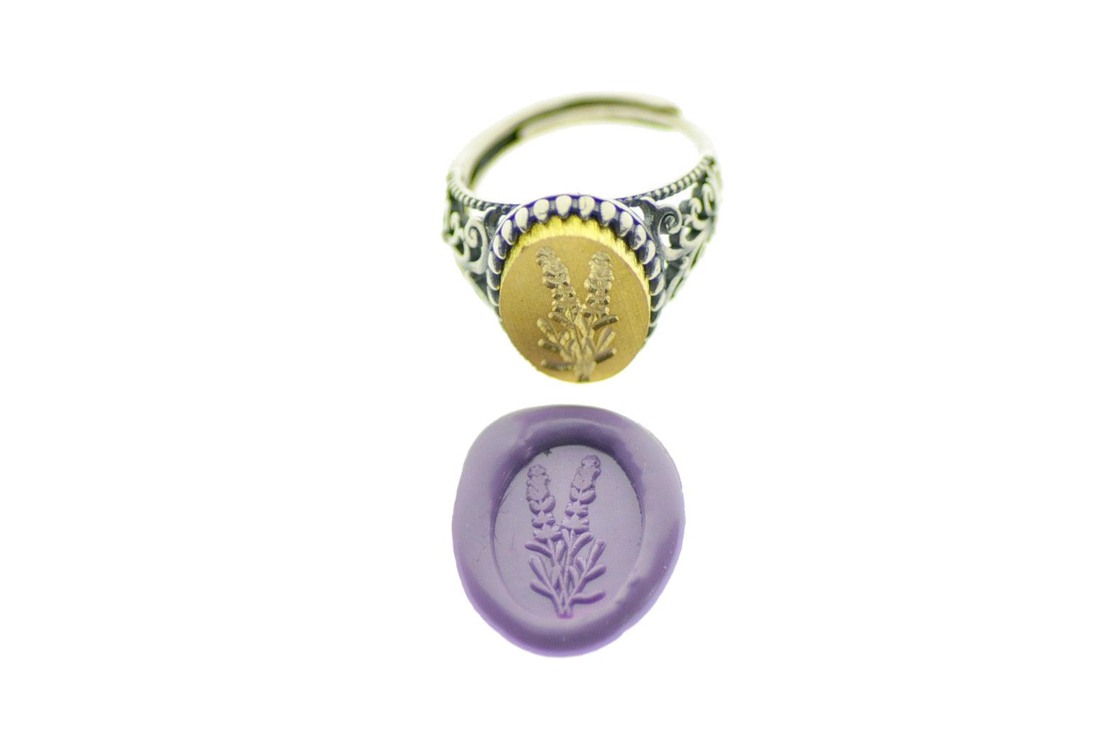 Lavender Signet Ring - Backtozero B20 - 1115f, 11x15mm, 11x15mm ring, accessory, Botanical, floral, Flower, jewelry, lavender, oval, oval ring, Plant, ring, signet ring, size 10, size 6, size 7, size 8, size 9, wax seal, wax seal ring, wax seal stamp