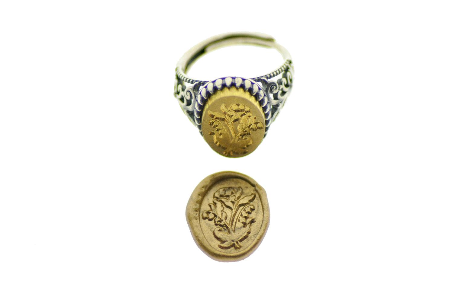 Lily of the Valley Signet Ring - Backtozero B20 - 1115f, 11x15mm, 11x15mm ring, accessory, Botanical, floral, Flower, jewelry, oval, oval ring, Plant, ring, signet ring, size 10, size 6, size 7, size 8, size 9, wax seal, wax seal ring, wax seal stamp