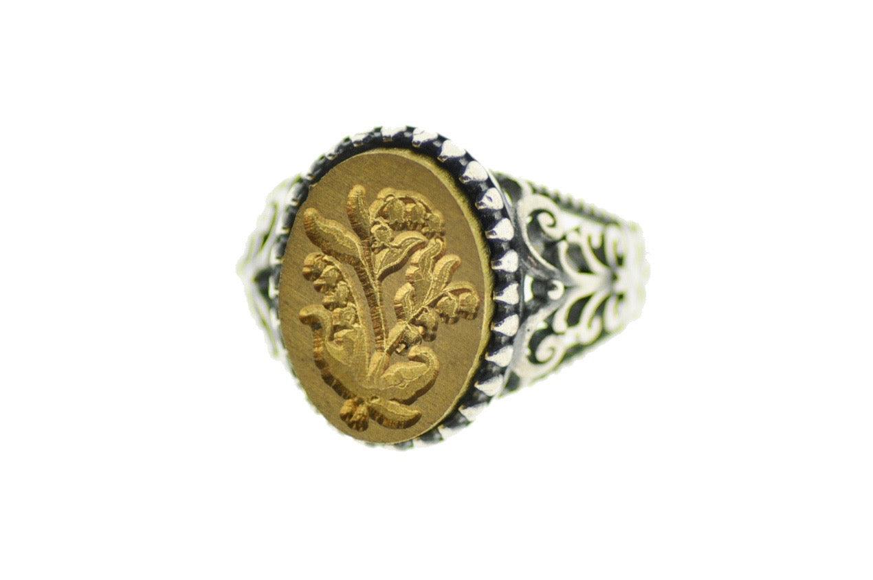 Lily of the Valley Signet Ring - Backtozero B20 - 1115f, 11x15mm, 11x15mm ring, accessory, Botanical, floral, Flower, jewelry, oval, oval ring, Plant, ring, signet ring, size 10, size 6, size 7, size 8, size 9, wax seal, wax seal ring, wax seal stamp