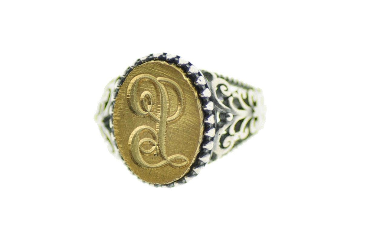 Monogram Initial Signet Ring - Backtozero B20 - 1 initial, 1115f, 11x15mm, 11x15mm ring, 1initial, accessory, Custom, jewelry, Letter, new york, One Initial, oval, oval ring, Personalized, ring, signet ring, size 10, size 6, size 7, size 8, size 9, wax seal, wax seal stamp
