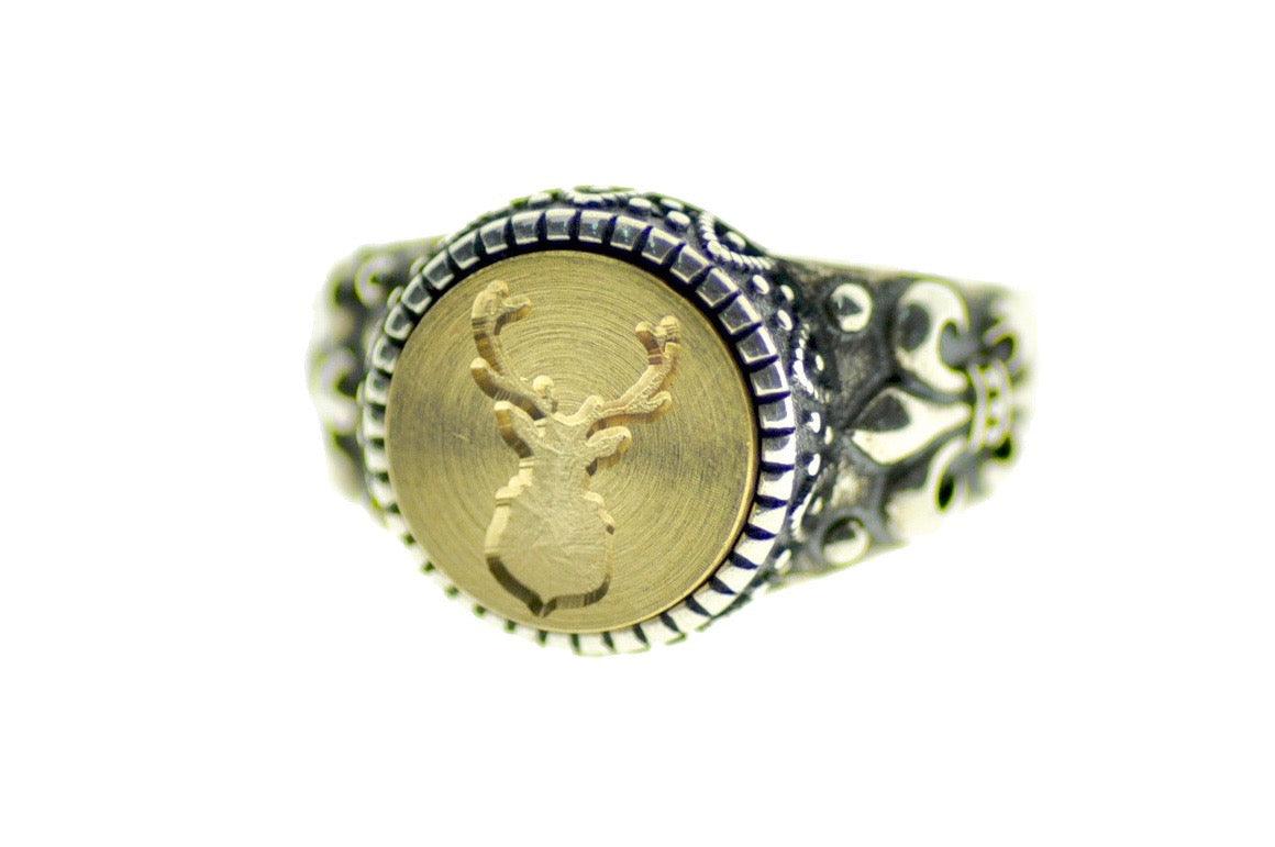 Antler Signet Ring - Backtozero B20 - 12f, 12mm, 12mm ring, accessory, Animal, Antler, deer stag, Fleur de Lis, him, jewelry, ring, signet ring, size 10, size 11, size 8, size 9, wax seal, wax seal ring, wax seal stamp