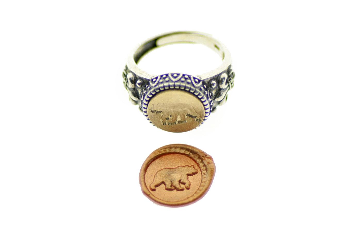 Bear Signet Ring - Backtozero B20 - 12f, 12mm, 12mm ring, accessory, Animal, Bear, Fleur de Lis, Grizzly Bear, him, jewelry, ring, signet ring, size 10, size 11, size 8, size 9, wax seal, wax seal ring, wax seal stamp