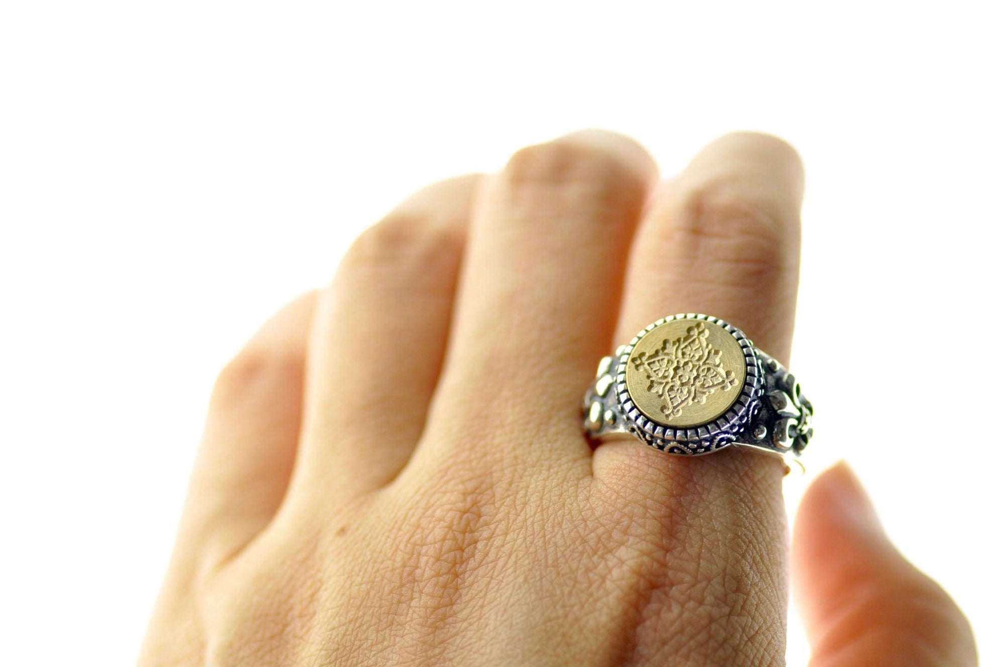 Decorative Filigree Signet Ring - Backtozero B20 - 12f, 12mm, 12mm ring, accessory, Deco, Decorative, Fleur de Lis, him, jewelry, ring, signet ring, size 10, size 11, size 8, size 9, wax seal, wax seal ring, wax seal stamp