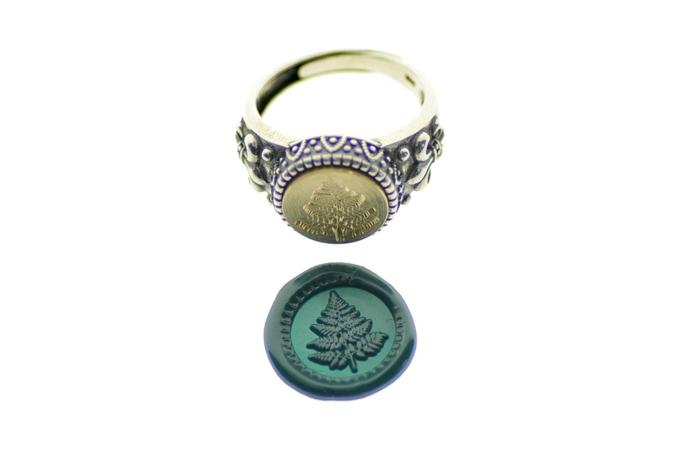 Fern Signet Ring - Backtozero B20 - 12f, 12mm, 12mm ring, accessory, Botanical, fern, Fleur de Lis, him, jewelry, Leaf, Leafs, Plant, ring, signet ring, size 10, size 11, size 8, size 9, wax seal, wax seal ring, wax seal stamp