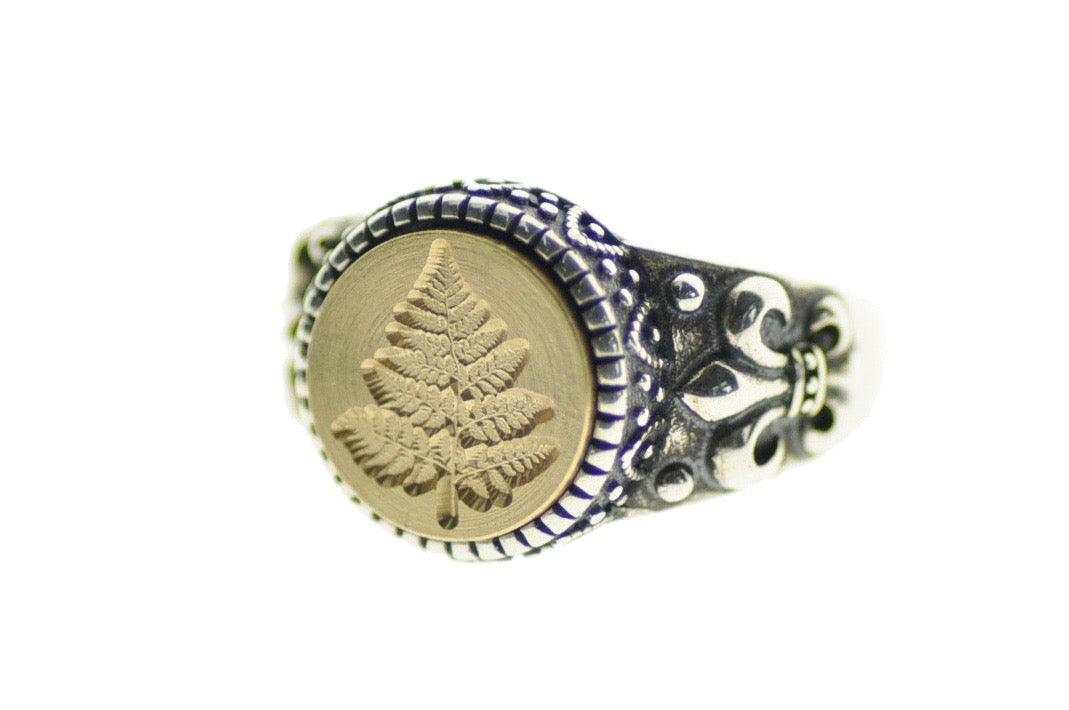 Fern Signet Ring - Backtozero B20 - 12f, 12mm, 12mm ring, accessory, Botanical, fern, Fleur de Lis, him, jewelry, Leaf, Leafs, Plant, ring, signet ring, size 10, size 11, size 8, size 9, wax seal, wax seal ring, wax seal stamp