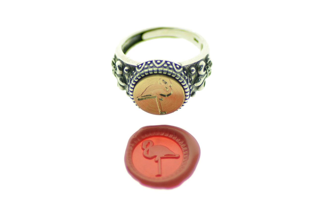 Flamingo Signet Ring - Backtozero B20 - 12f, 12mm, 12mm ring, accessory, Bird, flamingo, Fleur de Lis, him, jewelry, ring, signet ring, size 10, size 11, size 8, size 9, wax seal, wax seal ring, wax seal stamp