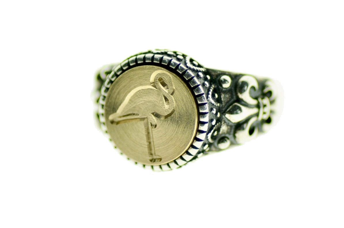 Flamingo Signet Ring - Backtozero B20 - 12f, 12mm, 12mm ring, accessory, Bird, flamingo, Fleur de Lis, him, jewelry, ring, signet ring, size 10, size 11, size 8, size 9, wax seal, wax seal ring, wax seal stamp