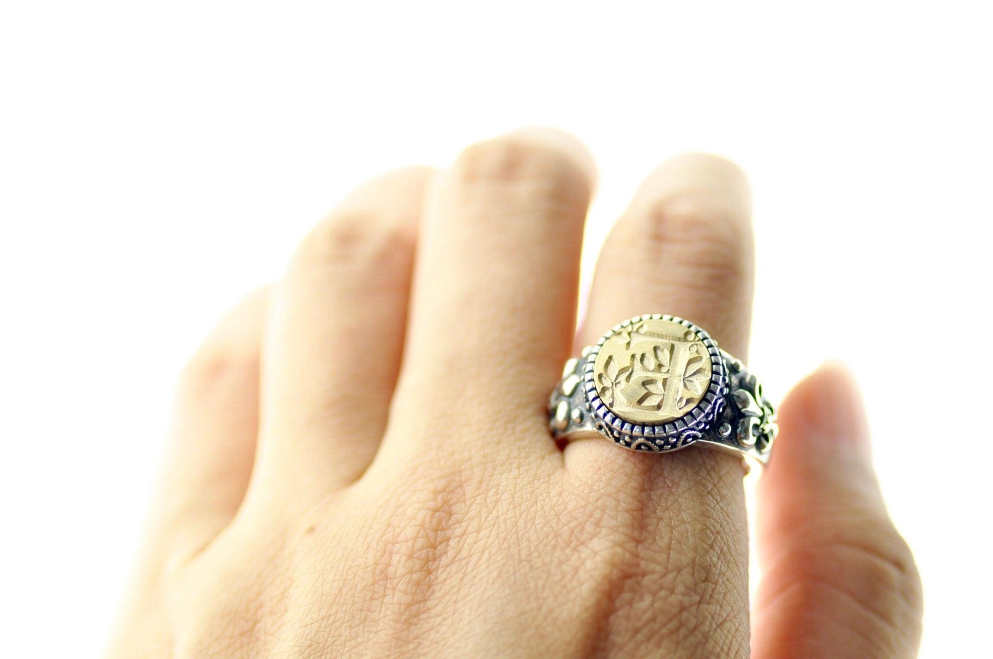 Leafy Initial Signet Ring - Backtozero B20 - 12f, 12mm, 12mm ring, 1initial, accessory, Botanical, Custom, custom ring, Fleur de Lis, him, Initial, jewelry, Leaf, Nature, One Initial, Personalized, ring, signet ring, size 10, size 11, size 8, size 9, wax seal, wax seal ring, wax seal stamp, wreath