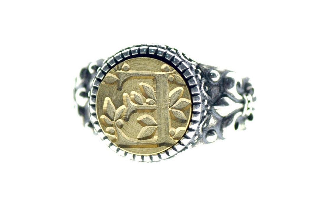 Leafy Initial Signet Ring - Backtozero B20 - 12f, 12mm, 12mm ring, 1initial, accessory, Botanical, Custom, custom ring, Fleur de Lis, him, Initial, jewelry, Leaf, Nature, One Initial, Personalized, ring, signet ring, size 10, size 11, size 8, size 9, wax seal, wax seal ring, wax seal stamp, wreath