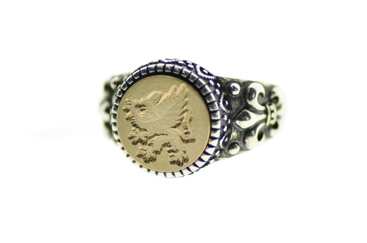 Griffin Signet Ring - Backtozero B20 - 12f, 12mm, 12mm ring, accessory, Fleur de Lis, Heraldic, him, jewelry, Mythical Creatures, ring, signet ring, size 10, size 11, size 8, size 9, wax seal, wax seal ring, wax seal stamp