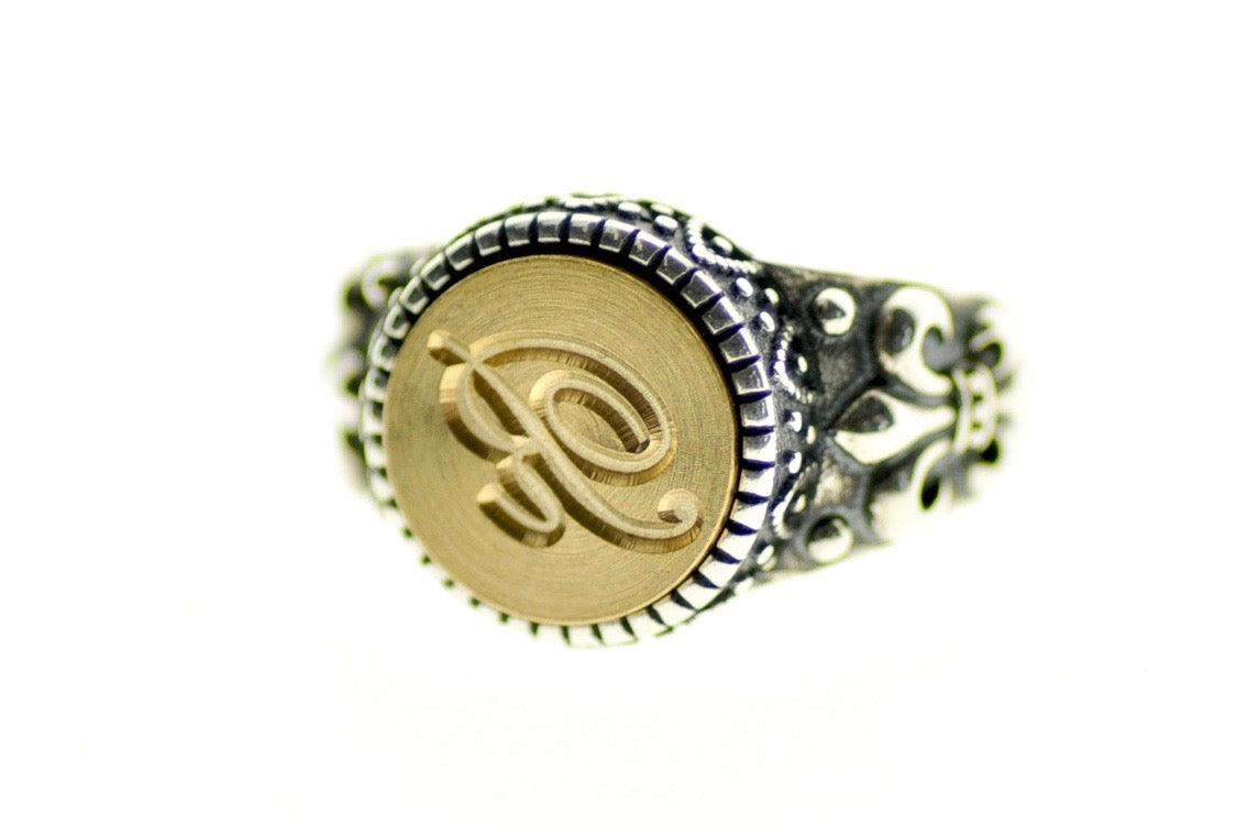 Script Initial Signet Ring - Backtozero B20 - 12f, 12mm, 12mm ring, 1initial, accessory, Custom, custom ring, Fleur de Lis, him, Initial, jewelry, One Initial, Personalized, ring, signet ring, size 10, size 11, size 8, size 9, wax seal, wax seal ring, wax seal stamp