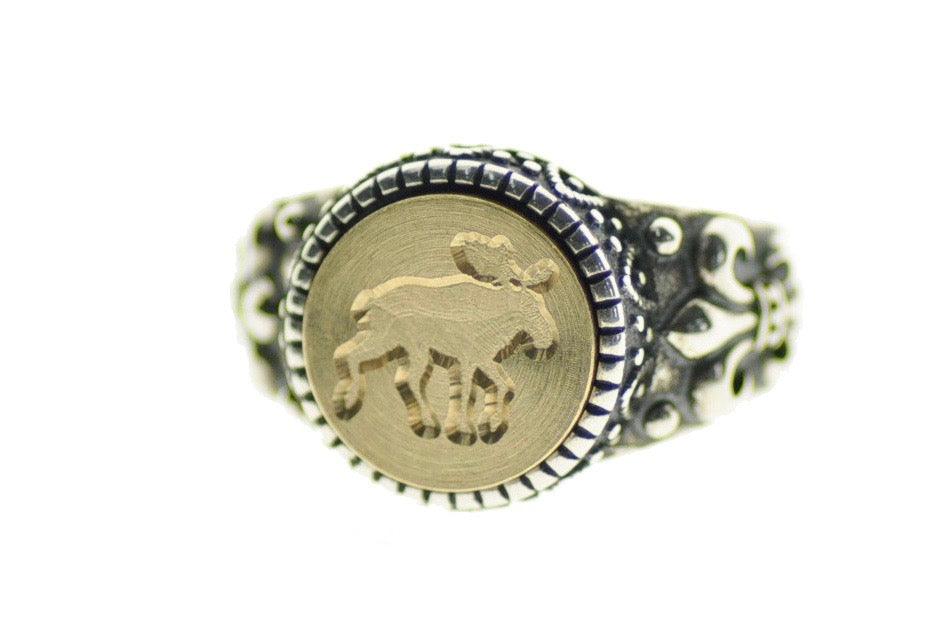 Moose Signet Ring - Backtozero B20 - 12f, 12mm, 12mm ring, accessory, Animal, Fleur de Lis, him, jewelry, Moose, ring, signet ring, size 10, size 11, size 8, size 9, wax seal, wax seal ring, wax seal stamp, Woodland Animal