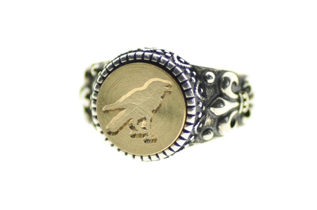 Raven Crow Bird Fleur de Lis 925 Silver Signet Wax Seal Intaglio Ring ...