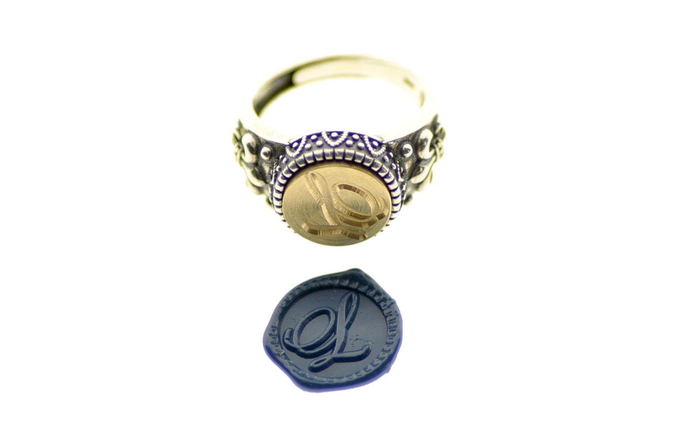 Script Initial Signet Ring - Backtozero B20 - 12f, 12mm, 12mm ring, 1initial, accessory, Custom, custom ring, Fleur de Lis, him, Initial, jewelry, One Initial, Personalized, ring, signet ring, size 10, size 11, size 8, size 9, wax seal, wax seal ring, wax seal stamp