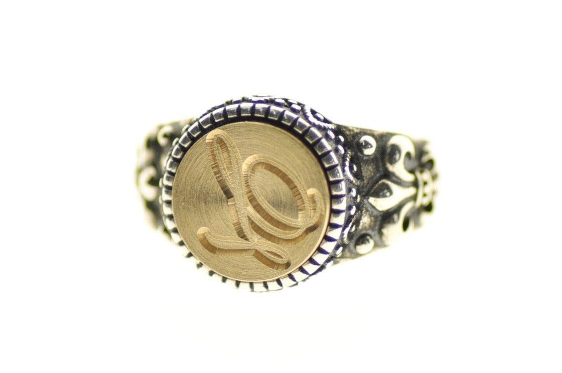 Script Initial Signet Ring - Backtozero B20 - 12f, 12mm, 12mm ring, 1initial, accessory, Custom, custom ring, Fleur de Lis, him, Initial, jewelry, One Initial, Personalized, ring, signet ring, size 10, size 11, size 8, size 9, wax seal, wax seal ring, wax seal stamp