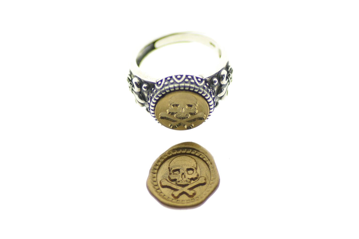 Skull Bone Signet Ring - Backtozero B20 - 12f, 12mm, 12mm ring, accessory, Bone, Fleur de Lis, him, jewelry, ring, signet ring, size 10, size 11, size 8, size 9, Skull, wax seal, wax seal ring, wax seal stamp